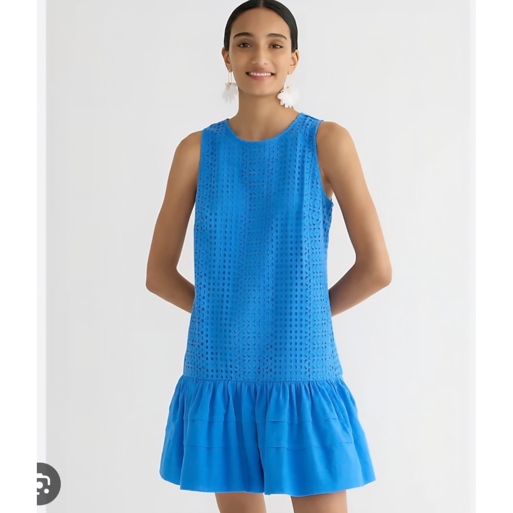 J.Crew Womens Pleated Eyelet Shift‎ Dress Blue Sz L NWT $148